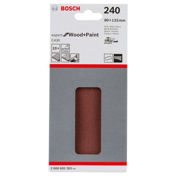 SAMOPRITDILNI BRUSNI LIST BOSCH 10-DELNI SET C430 RDEČ 80X133 MM K240 6 LUKENJ