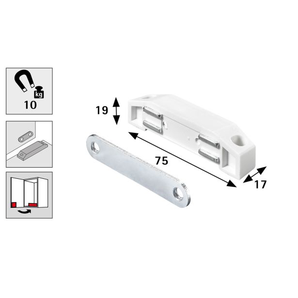 MAGNETNI ZASKOČNIK HETTICH DIY 75X19X17 MM, 10 KG, BELA, V ZAVOJU STA 2 KOS