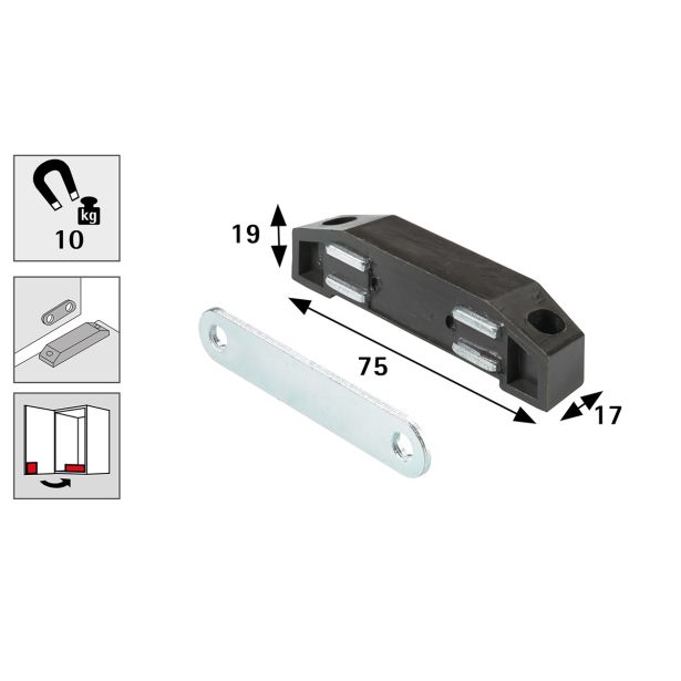 MAGNETNI ZASKOČNIK HETTICH DIY 75X14X17 MM, 10 KG, RJAV, V ZAVOJU JE 2 KOS