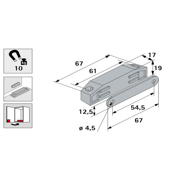 MAGNETNI ZASKOČNIK HETTICH DIY 75X14X17 MM, 10 KG, RJAV, V ZAVOJU JE 2 KOS