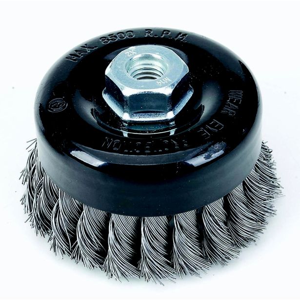 SKODELASTA ŽIČNA ŠČETKA TACTIX 100MM NAVOJ M14 FE 0.50MM PLETENA ŽICA