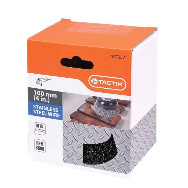 SKODELASTA ŽIČNA ŠČETKA TACTIX 100MM NAVOJ M14 INOX 0.30 MM