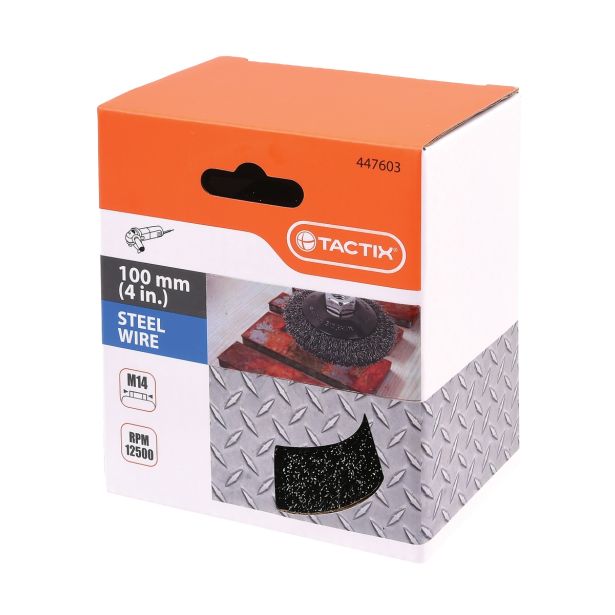 SKODELASTA ŽIČNA ŠČETKA TACTIX 100MM POŠEVNA NAVOJ M14 FE 0.30MM