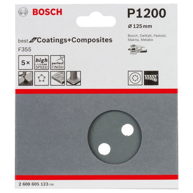 SAMOPRITRILNI BRUSNI DISK BOSCH 5- DELNI SET F355 ČRN 125MM 8 LUKENJ P1200