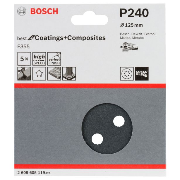 SAMOPRITRILNI BRUSNI DISK BOSCH 5- DELNI SET F355 ČRN 125MM 8 LUKENJ P240