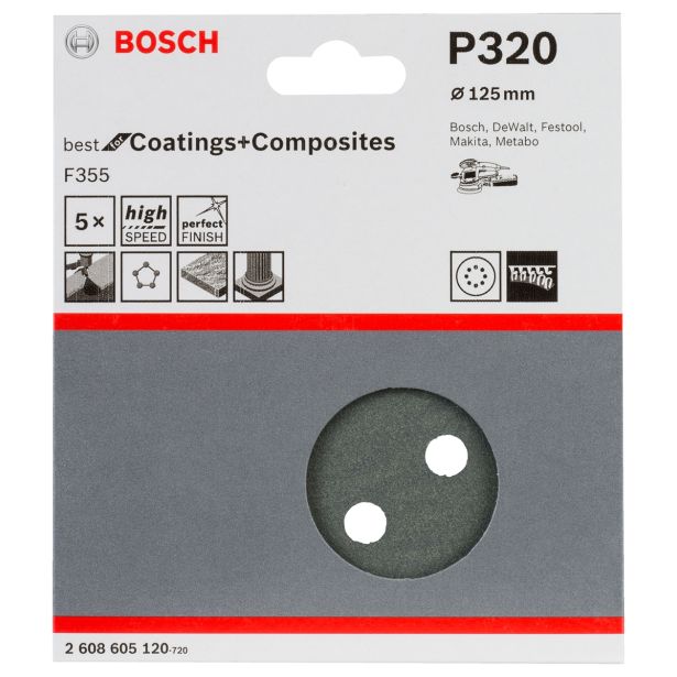 SAMOPRITRILNI BRUSNI DISK BOSCH 5- DELNI SET F355 ČRN 125MM 8 LUKENJ P320