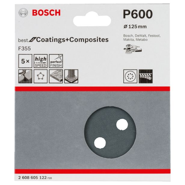 SAMOPRITRILNI BRUSNI DISK BOSCH 5- DELNI SET F355 ČRN 125MM 8 LUKENJ P600