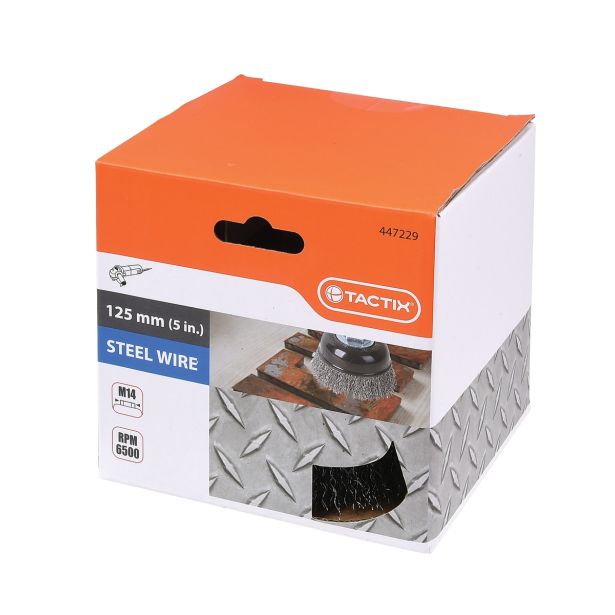 SKODELASTA ŽIČNA ŠČETKA TACTIX 125MM NAVOJ M14 FE 0.30MM VALOVITA ŽICA