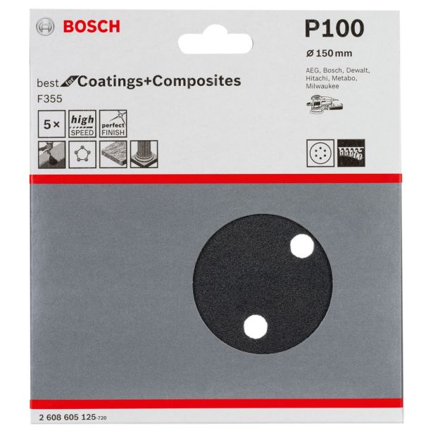 SAMOPRITRILNI BRUSNI DISK BOSCH 5- DELNI SET F355 ČRN 150MM 6 LUKENJ P100