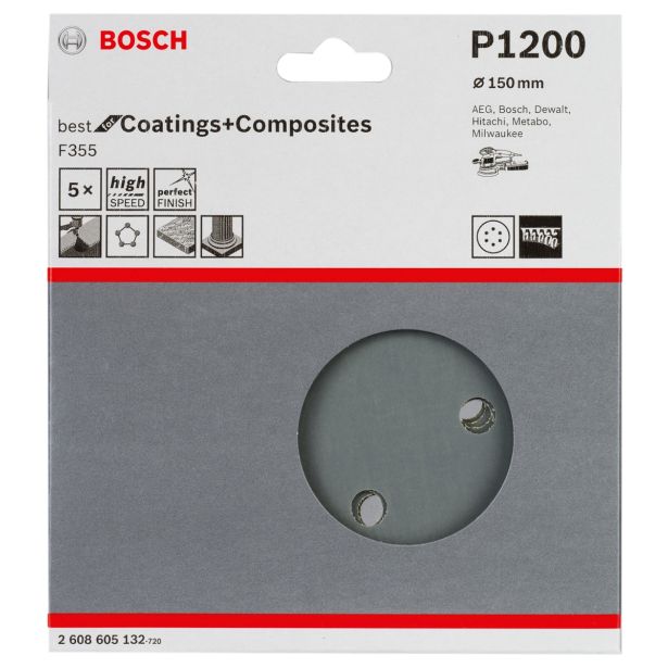 SAMOPRITRILNI BRUSNI DISK BOSCH 5- DELNI SET F355 ČRN 150MM 6 LUKENJ P1200