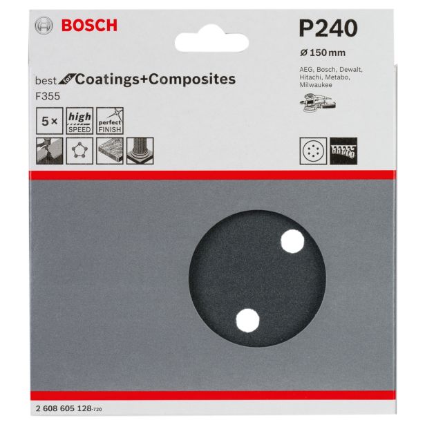 SAMOPRITRILNI BRUSNI DISK BOSCH 5- DELNI SET F355 ČRN 150MM 6 LUKENJ P240