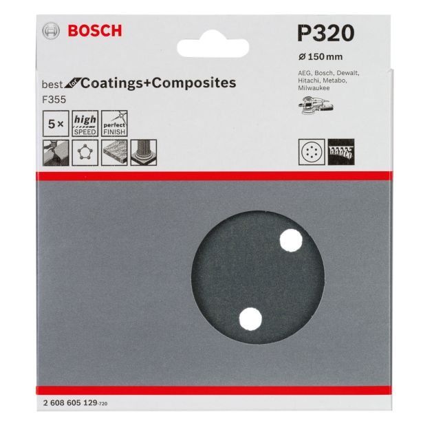 SAMOPRITRILNI BRUSNI DISK BOSCH 5- DELNI SET F355 ČRN 150MM 6 LUKENJ P320
