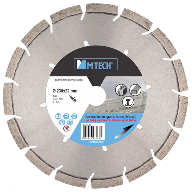 DIAMANTNA REZALNA PLOŠČA MTECH 230X22X10 MM ARMIRAN BETON, GRANIT