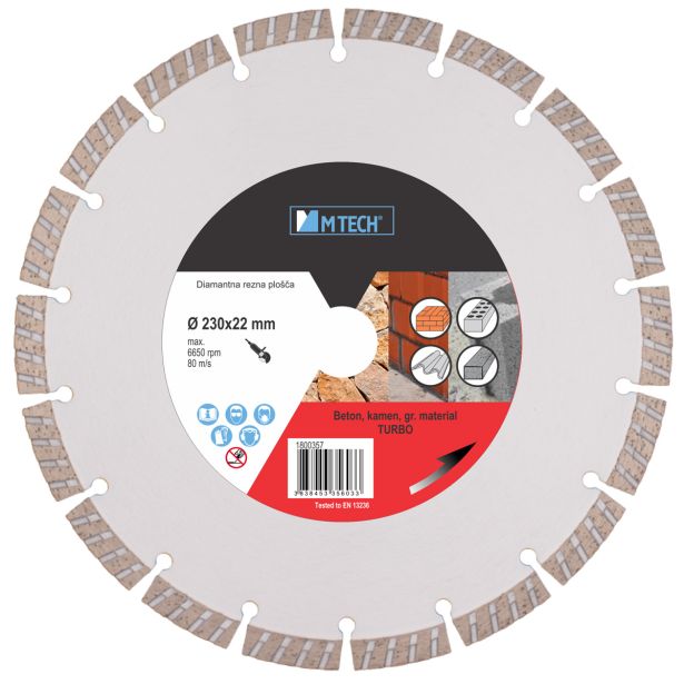 DIAMANTNA REZALNA PLOŠČA MTECH 230X22X10 MM ARMIRAN BETON, GRANIT