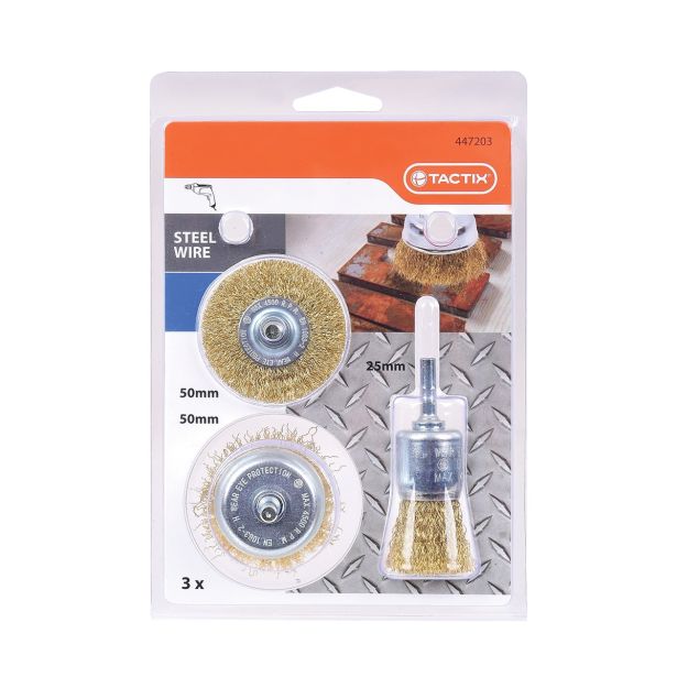 KROŽNA ŽIČNA ŠČETKA TACTIX 3-DELNI SET ŽIČNIH ŠČETK FE Z MS PREVLEKO