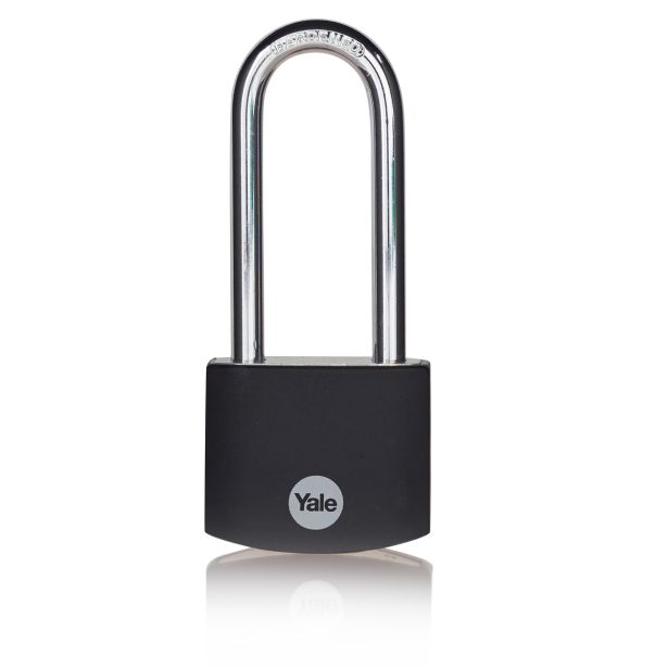 CILINDRIČNA OBEŠANKA 38 MM Z DOLGIM LOKOM 56 MM, ALU-ČRNA, YALE STANDARD S 3 KLJUČI, EN 12320:2012 - VARNOSTNI RAZRED 1