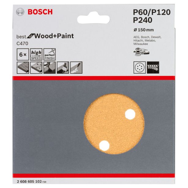 SAMOPRITRILNI BRUSNI DISK BOSCH 6-DELNI SET C470 RUMEN 150MM K60/120/240 6LUKENJ