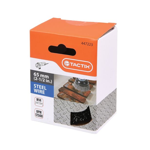 SKODELASTA ŽIČNA ŠČETKA TACTIX 65MM NAVOJ M14 FE 0.30MM VALOVITA ŽICA