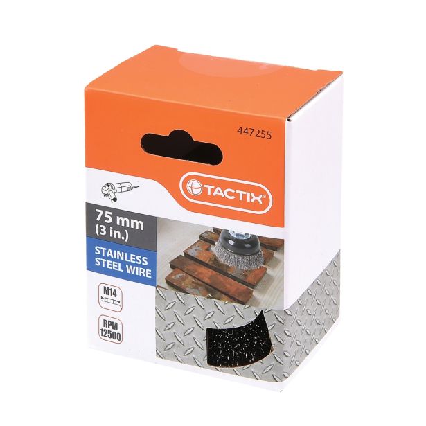 SKODELASTA ŽIČNA ŠČETKA TACTIX 75MM NAVOJ M14 INOX 0.30 MM
