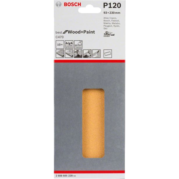 10-DELNI SET SAMOPRITRDILNIH BRUSNIH LISTOV BOSCH 93X230 MM K120 8 LUKENJ RUMENA BARVA ZA LES