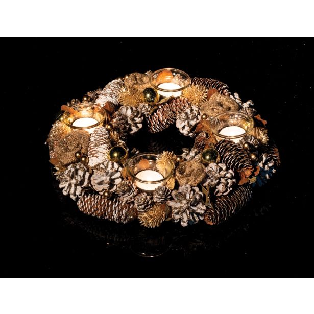 VENČEK GLOSSTYLE ADVENTNI FI 33 CM 4 KOZARČKI, ZLATE ROŽICE