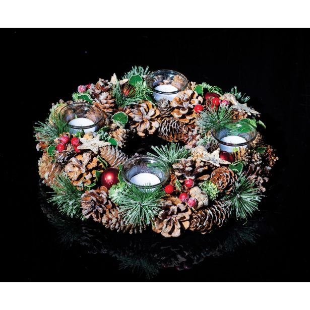 RDEČE ZLAT ZASNEŽEN ADVENTNI VENEC FI 34 CM S 4 KOZARČKI