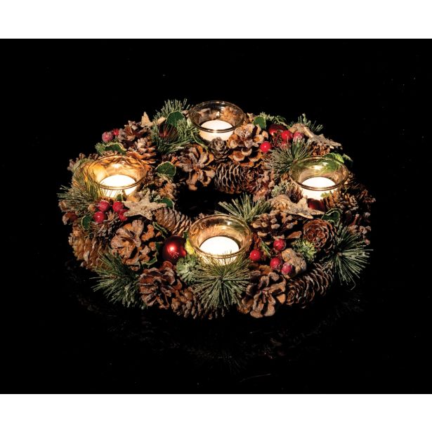 RDEČE ZLAT ZASNEŽEN ADVENTNI VENEC FI 34 CM S 4 KOZARČKI