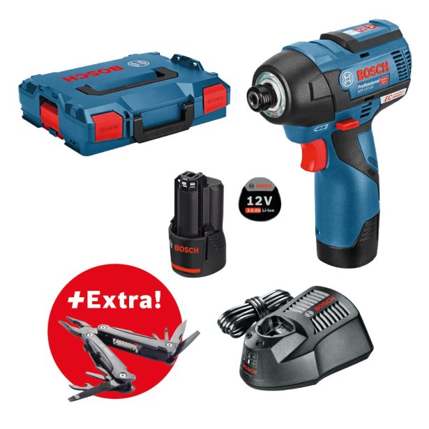 AKUMULATORSKI UDARNI VIJAČNIK BOSCH GDR 12V-110 + VEČNAMENSKO ORODJE 'SWISS PEAK'