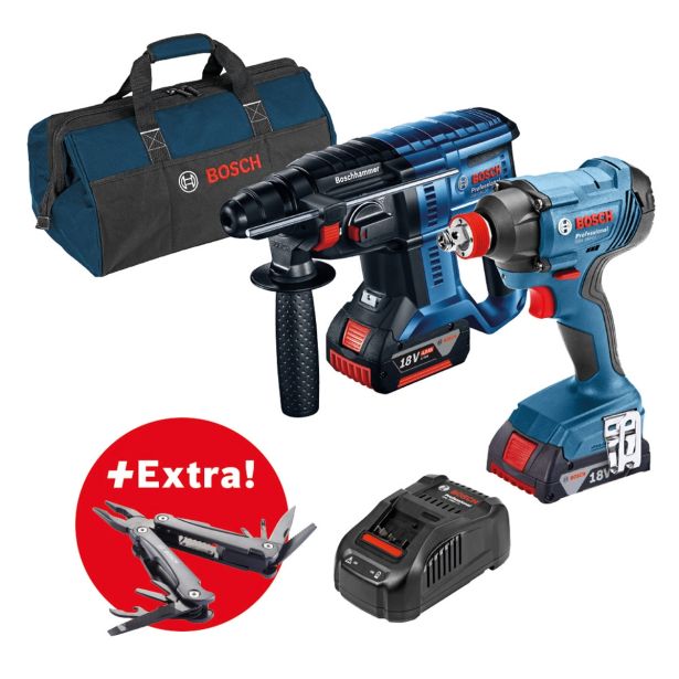 AKUMULATORSKO VRTALNO KLADIVO BOSCH GBH 180-LI + AKUMULATORSKI UDARNI VIJAČNIK GDX 180 LI + VEČNAMENSKO ORODJE 'SWISS PEAK'