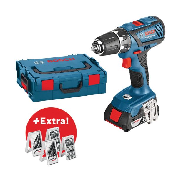 AKUMULATORSKI VRTALNI VIJAČNIK BOSCH GSR 18-2-LI PLUS + 2X 2.0 AH + 63-DELNI KOMPLET PRIBORA LBOXX