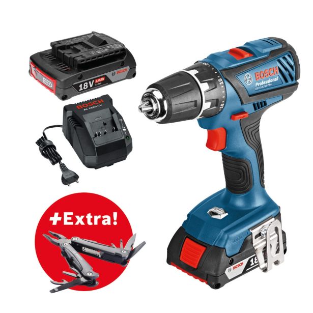 AKUMULATORSKI VRTALNI VIJAČNIK BOSCH GSR 18-2-LI PLUS + VEČNAMENSKO ORODJE 'SWISS PEAK'