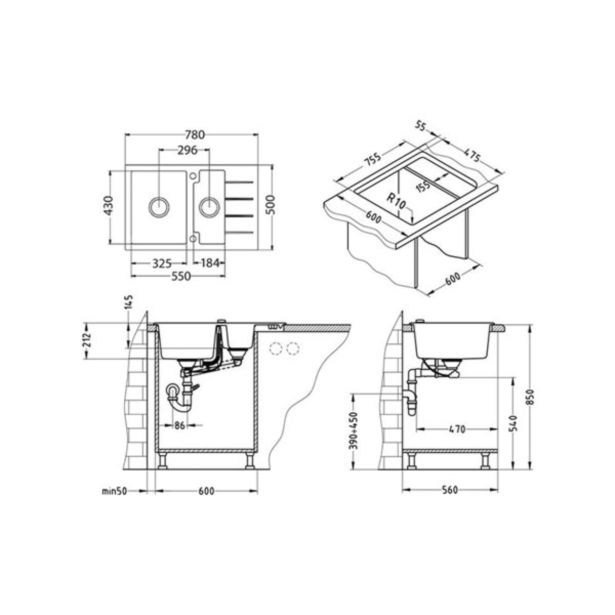 ALGRANIT POMIVALNO KORITO ALVEUS CUBO 40, BEIGE-A51 780X500 MM