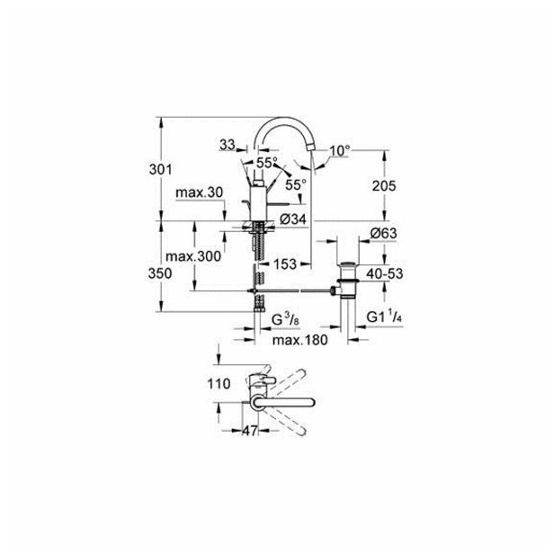 ARMATURA ZA UMIVALNIK GROHE EUROSMART COSMOPOLITAN STOJ, POVIŠ, ZG. DEL S.