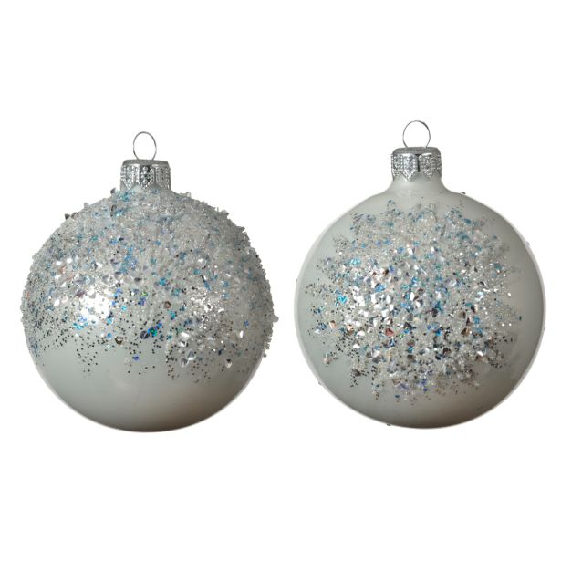 STEKLENA BUNKA BELA S SREBRNIM DEKORJEM FI 80 MM