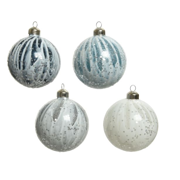 STEKLENA BUNKA ZA NOVOLETNO JELKO V BELI, MODRI ALI SIVI BARVI Z DODATKOM BLEŠČIC, PREMER 80 MM, SORT