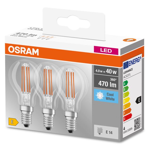 LED ŽARNICA E14 OSRAM CLP40 4W/840, BISTRA BASE FILAMENT, PAK/3