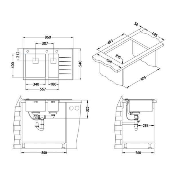 STEKLENO POMIVALNO KORITO ALVEUS CRYSTALIX 20,ČRNA,860X540 DESNI,1+1/2Q+ODC, SIF POP