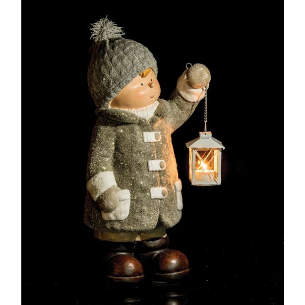 PRAZNIČNA FIGURA GLOSSTYLE DEČEK Z LANTERNO 47 CM ZA ČAJNO SVEČKO SIVI