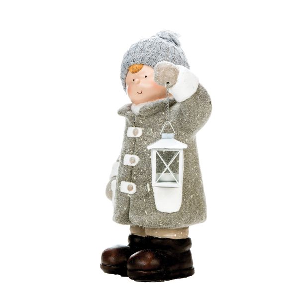 PRAZNIČNA FIGURA GLOSSTYLE DEČEK Z LANTERNO 47 CM ZA ČAJNO SVEČKO SIVI