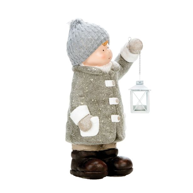 PRAZNIČNA FIGURA GLOSSTYLE DEČEK Z LANTERNO 47 CM ZA ČAJNO SVEČKO SIVI