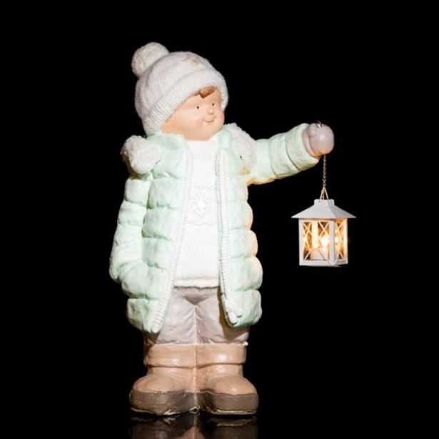 PRAZNIČNA FIGURA GLOSSTYLE DEČEK Z LANTERNO 54 CM ZA ČAJNO SVEČKO ZELENI