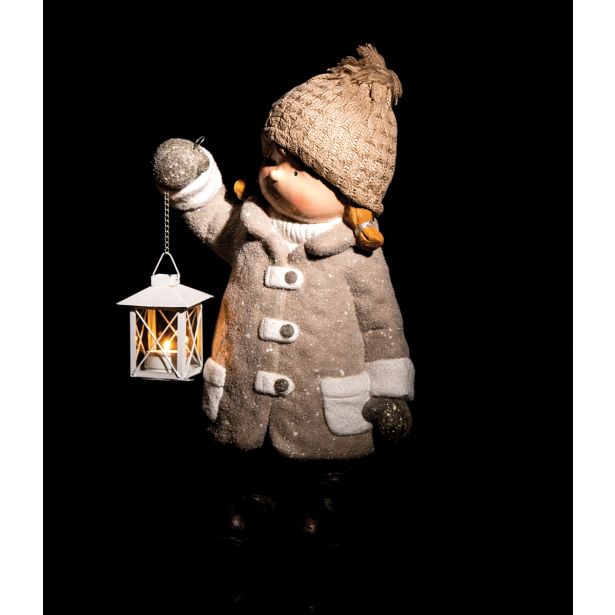 PRAZNIČNA FIGURA GLOSSTYLE DEKLICA Z LANTERNO 47 CM ZA ČAJNO SVEČKO RJAVA