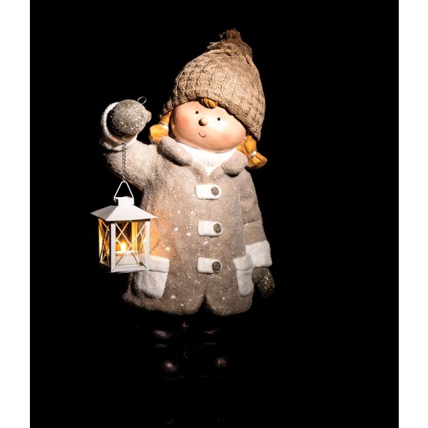 PRAZNIČNA FIGURA GLOSSTYLE DEKLICA Z LANTERNO 47 CM ZA ČAJNO SVEČKO RJAVA