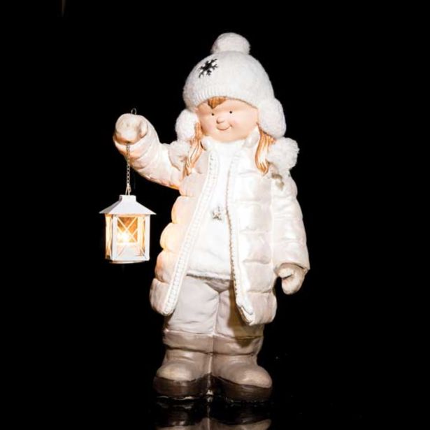 PRAZNIČNA FIGURA GLOSSTYLE DEKLICA Z LANTERNO 54 CM ZA ČAJNO SVEČKO SREBRNA