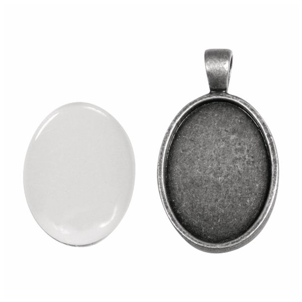 DODATKI, ORODJE ZA NAKIT RAYHER MEDALJON/STEKLO, 2X2.7CM STARO SREBRO , OVAL