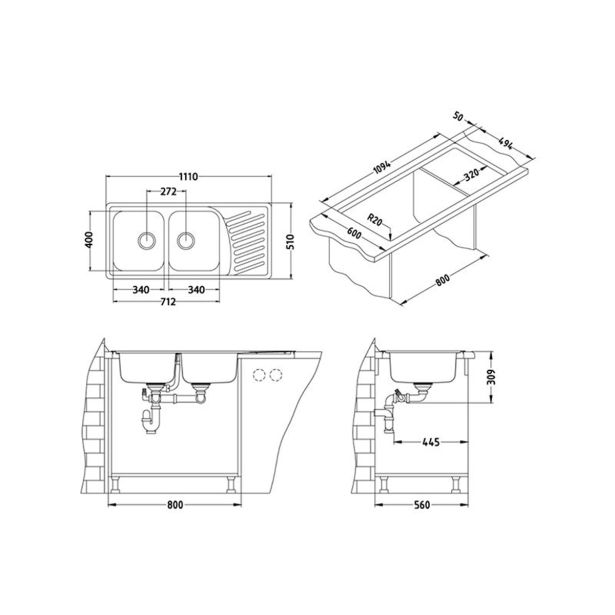 NERJAVNO POMIVALNO KORITO ALVEUS ELEGANT 70, LEINEN 1110X510 MM