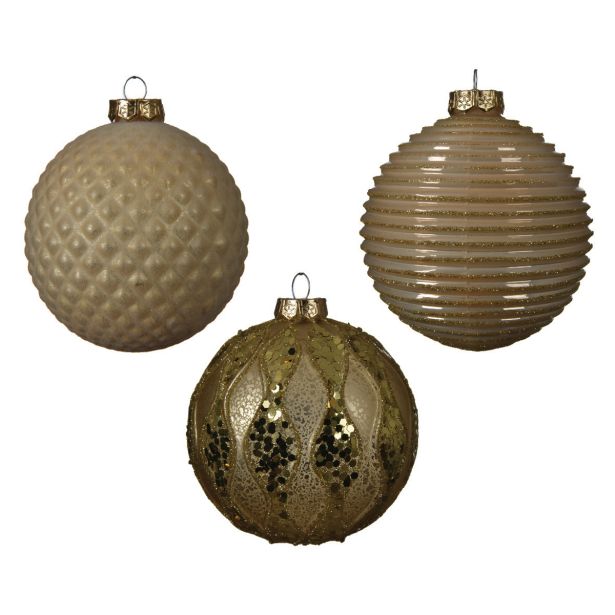 STEKLENA BUNKA V ZLATI BARVI Z RAZLIČNIMI DEKORJI, PREMER 100 MM