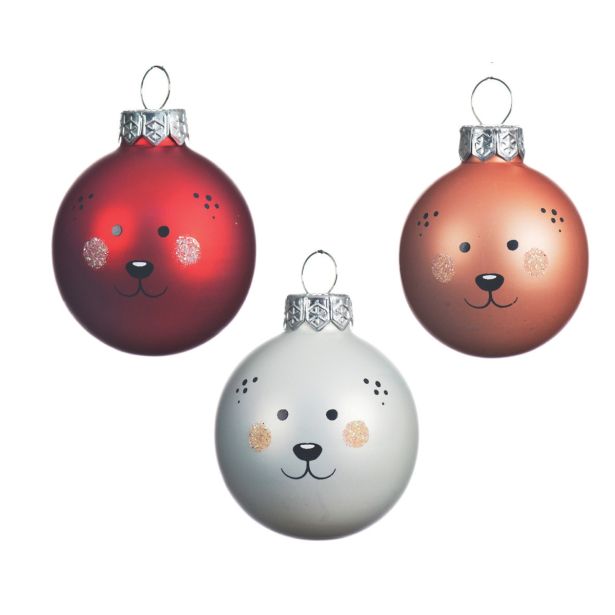 STEKLENA BUNKA V BELI/ORANŽNI/RDEČI BARVI Z MOTIVOM MEDVEDKA, FI 45 MM