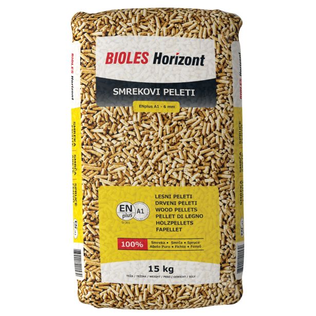 PELETI BIOLES HORIZONT FI 6 MM, SMREKA/JELKA VREČA 15 KG