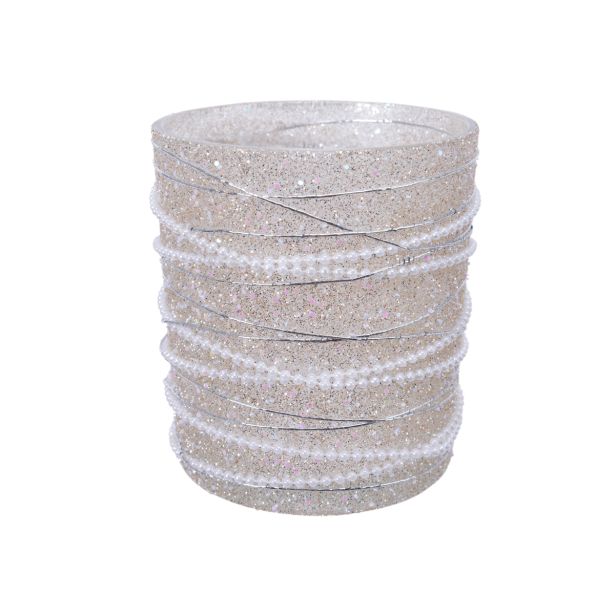 SVEČNIK FI 9 CM, V 10 CM KOZARČEK Z DEKORJEM BEL